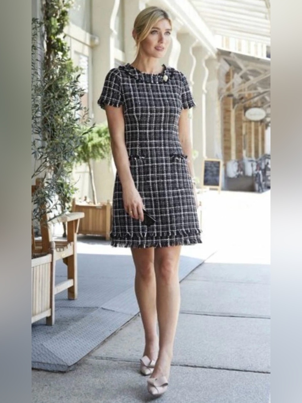 Harper Rose Tweed Shift Dress in black and blush classic plaid pattern Size 16